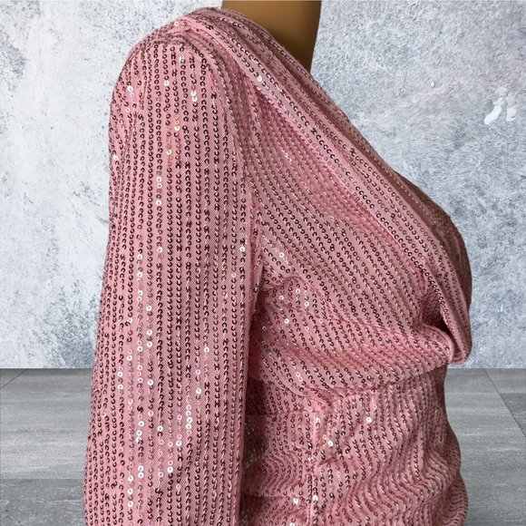 Sequin Ruched Mini Dress Small S Pink Lined Plunging Deep Neckline Long Sleeves - Picture 12 of 16
